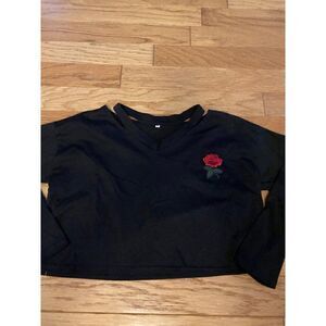 Unbranded, Women’s black long sleeved cropped shirt w single embroidered rose S